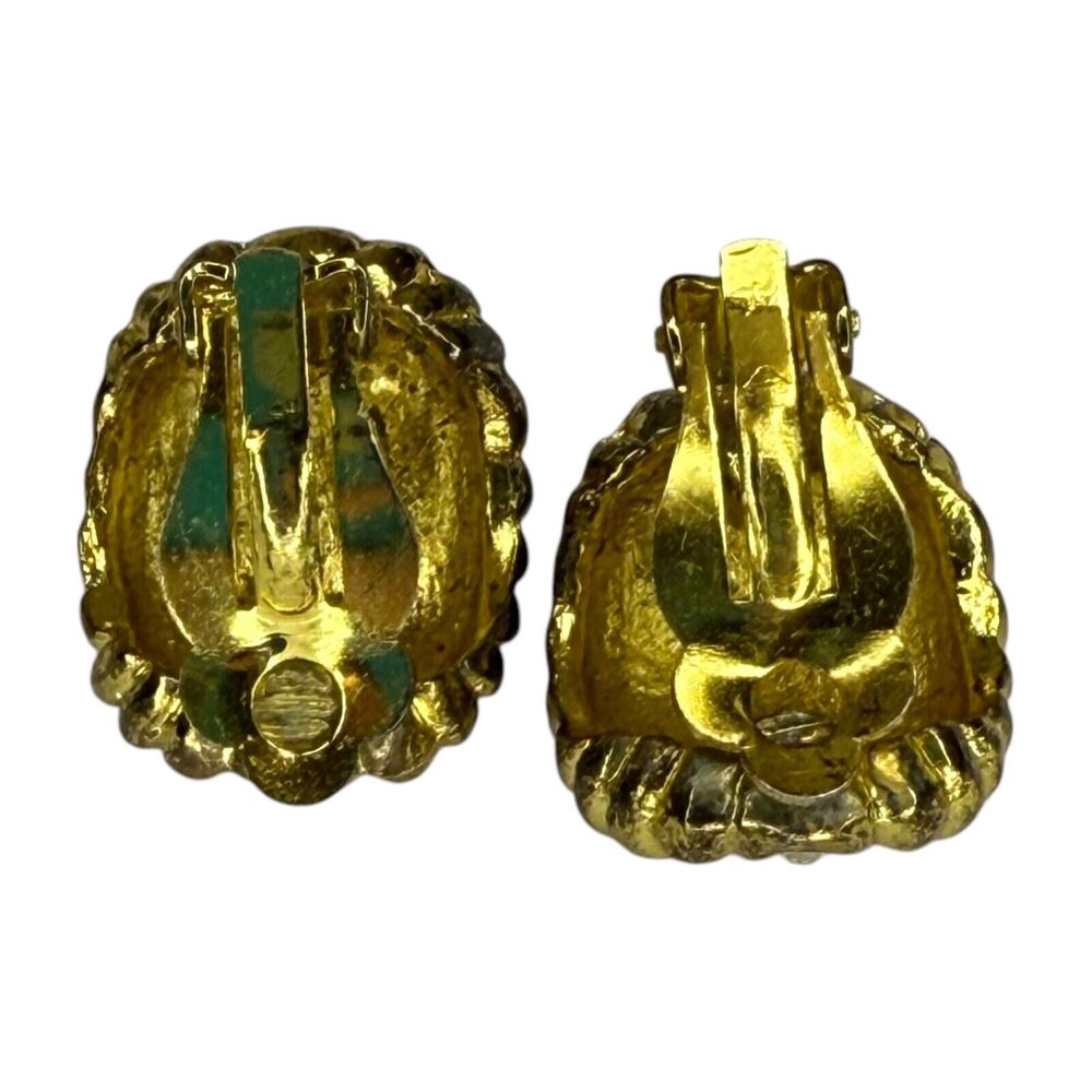 Vintage Gold‑Tone Rhinestone Dome Clip‑On Earrings Textured Statement Jewelry - Picture 3 of 6